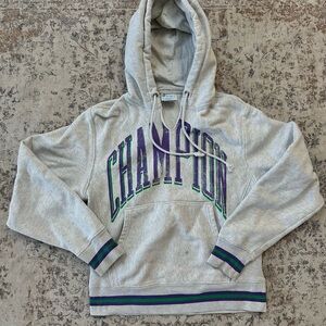 Champion Light Gray Hoodie with Purple and Green Details